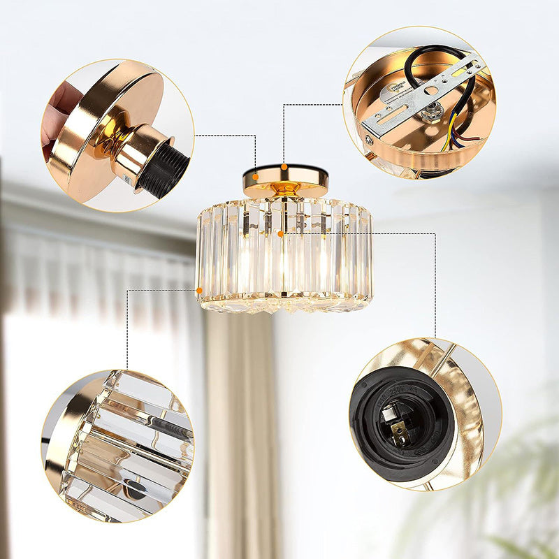 Contemporary Luxury Cylinder Steel Crystal 1-Light Semi-Flush Mount Ceiling Light For Living Room
