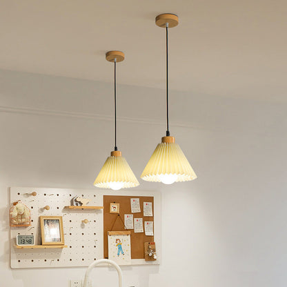 Traditional Japanese Cone Wood Fabric 1-Light Pendant Light For Living Room