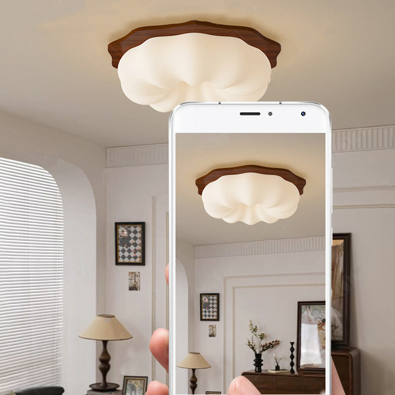Contemporary Creative Round Wood Plastic LED Flush Mount Ceiling Light For Living Room