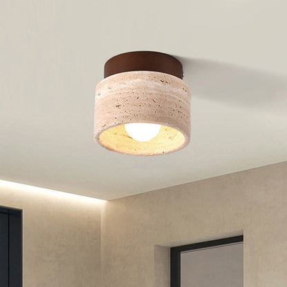 Traditional Japanese Round Square Stone Wood 1-Light Semi-Flush Mount Ceiling Light For Living Room