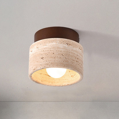 Traditional Japanese Round Square Stone Wood 1-Light Semi-Flush Mount Ceiling Light For Living Room