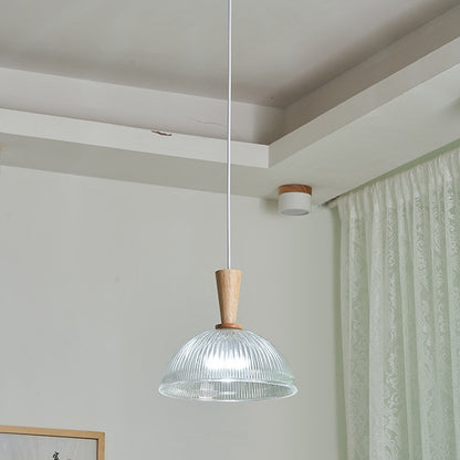 Contemporary Nordic Drum Wood Glass 1-Light Pendant Light For Living Room