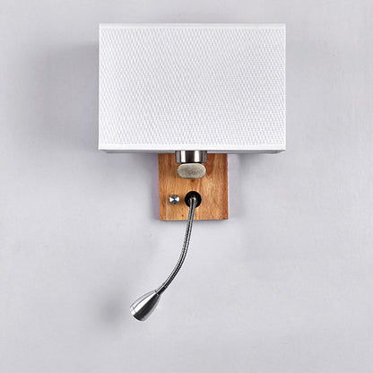 Contemporary Scandinavian Rectangular Wood Iron Fabric 1-Light Wall Sconce Lamp For Living Room