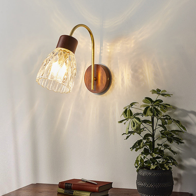 Traditional Vintage Drum Iron Wood Glass 1-Light Wall Sconce Lamp For Living Room