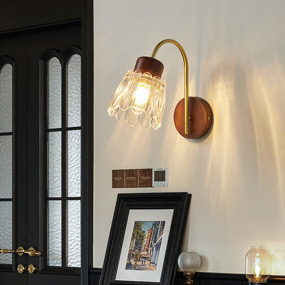 Traditional Vintage Drum Iron Wood Glass 1-Light Wall Sconce Lamp For Living Room