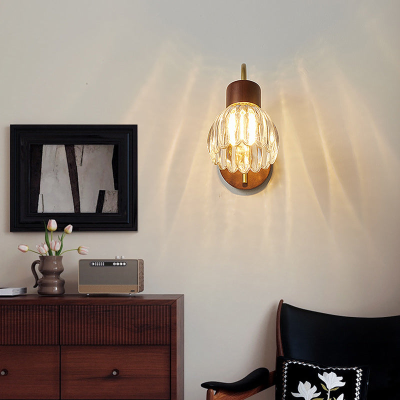 Traditional Vintage Drum Iron Wood Glass 1-Light Wall Sconce Lamp For Living Room