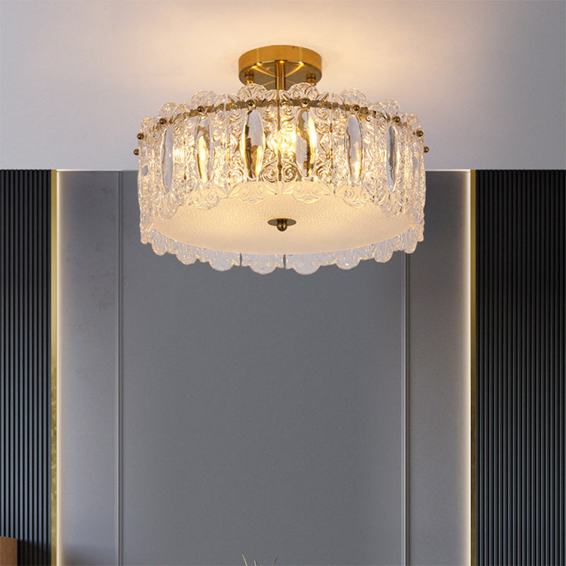 Traditional French Round Copper Glass 5/6/8-Light Semi-Flush Mount Ceiling Light For Living Room