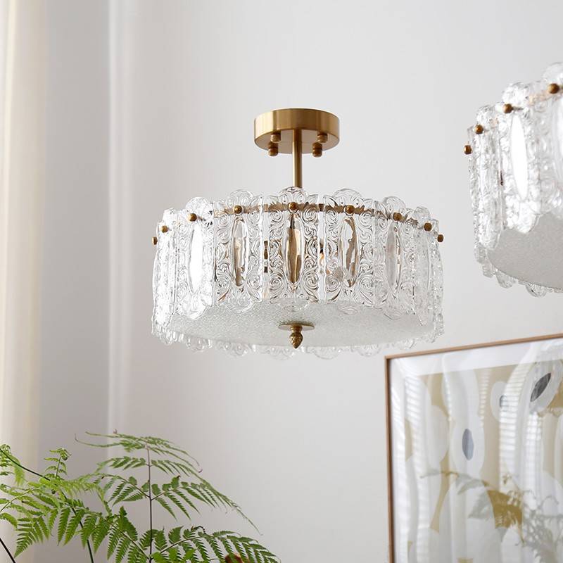 Traditional French Round Copper Glass 5/6/8-Light Semi-Flush Mount Ceiling Light For Living Room