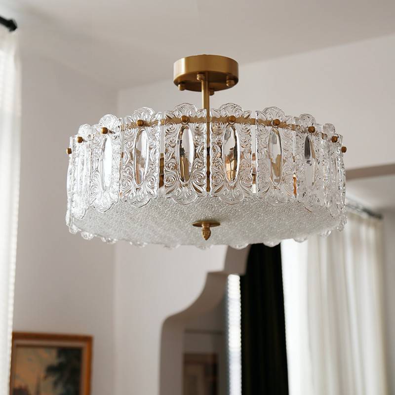 Traditional French Round Copper Glass 5/6/8-Light Semi-Flush Mount Ceiling Light For Living Room