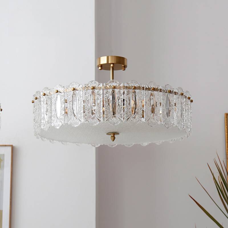 Traditional French Round Copper Glass 5/6/8-Light Semi-Flush Mount Ceiling Light For Living Room