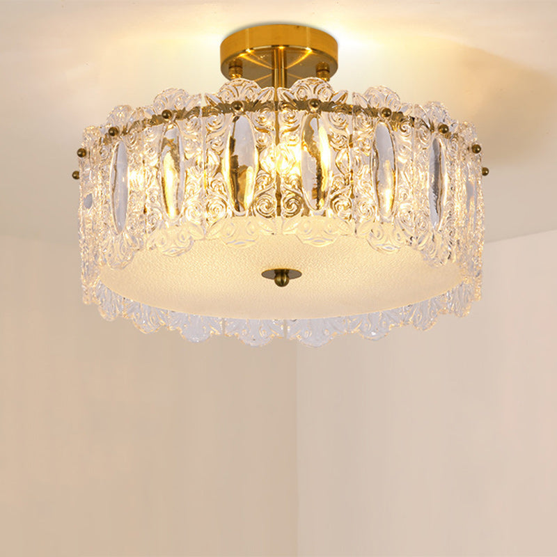 Traditional French Round Copper Glass 5/6/8-Light Semi-Flush Mount Ceiling Light For Living Room