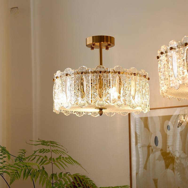 Traditional French Round Copper Glass 5/6/8-Light Semi-Flush Mount Ceiling Light For Living Room