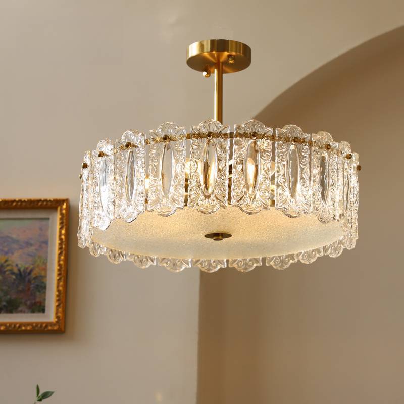 Traditional French Round Copper Glass 5/6/8-Light Semi-Flush Mount Ceiling Light For Living Room