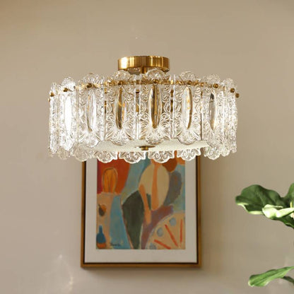 Traditional French Round Copper Glass 5/6/8-Light Semi-Flush Mount Ceiling Light For Living Room