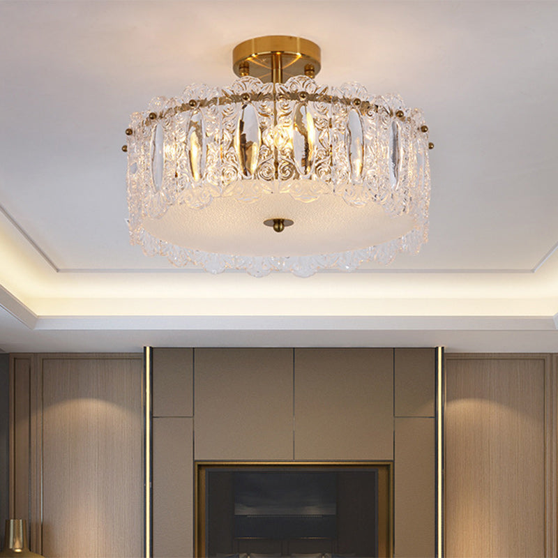 Traditional French Round Copper Glass 5/6/8-Light Semi-Flush Mount Ceiling Light For Living Room