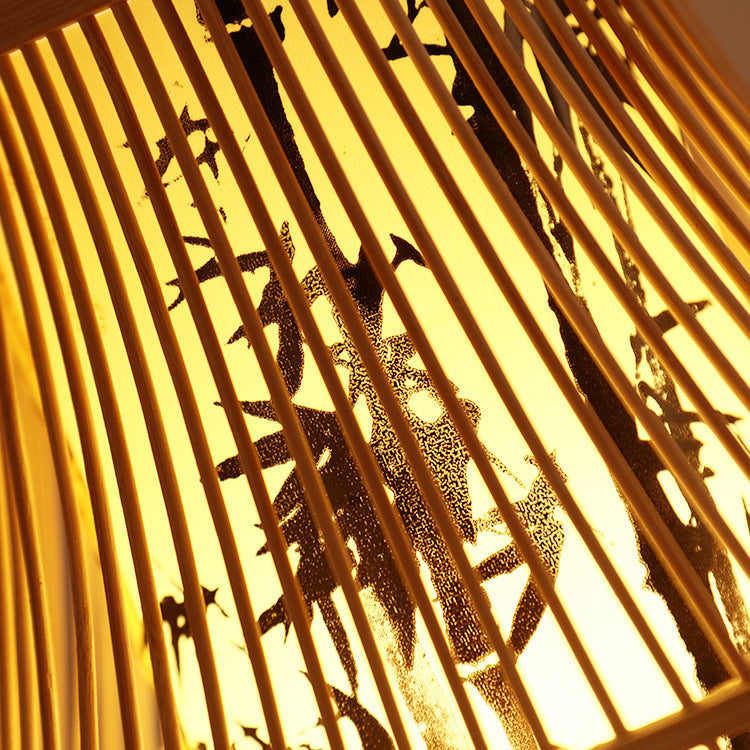 Traditional Chinese Cylinder Bamboo Paper 1-Light Pendant Light For Living Room