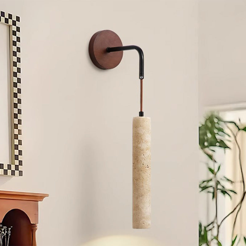 Traditional Japanese Column Wood Stone 1-Light Wall Sconce Lamp For Living Room