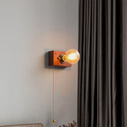 Traditional Japanese Rectangular Wood Copper 1-Light Wall Sconce Lamp For Living Room