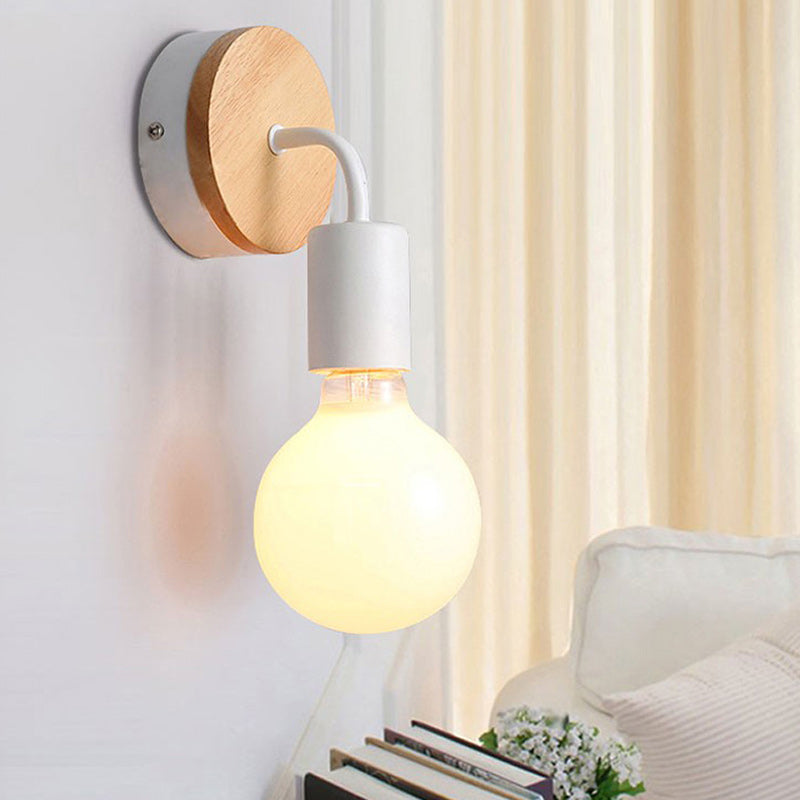 Modern Minimalist Round Wood Iron 1-Light Wall Sconce Lamp For Living Room