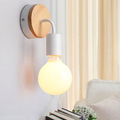 Modern Minimalist Round Wood Iron 1-Light Wall Sconce Lamp For Living Room