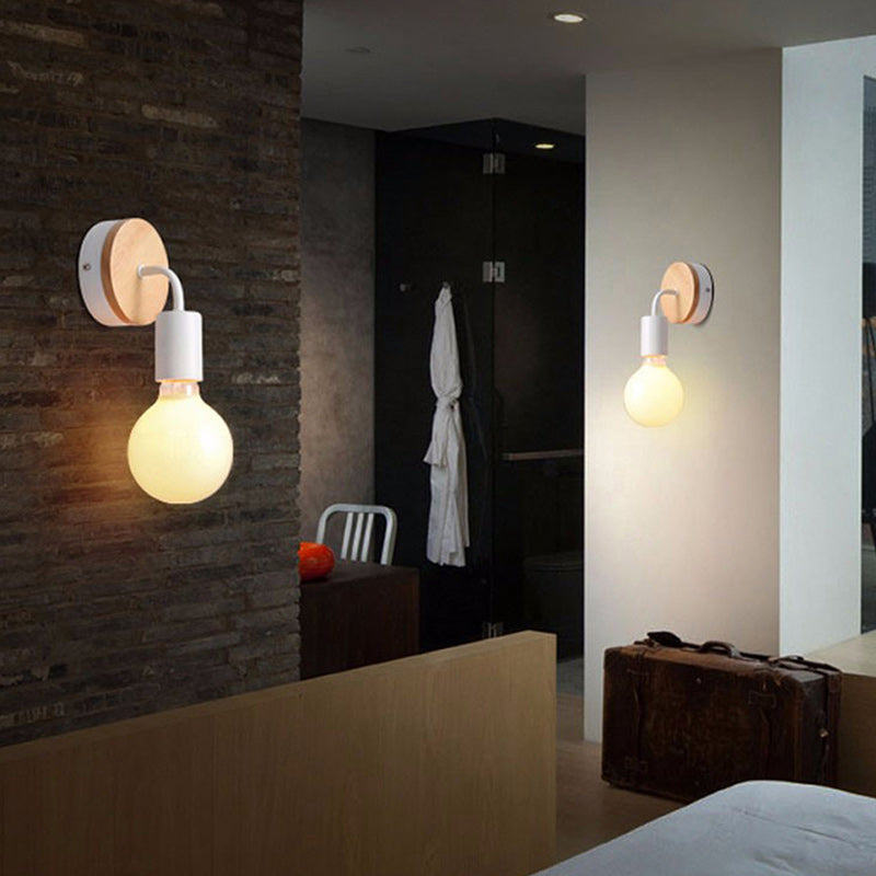 Modern Minimalist Round Wood Iron 1-Light Wall Sconce Lamp For Living Room