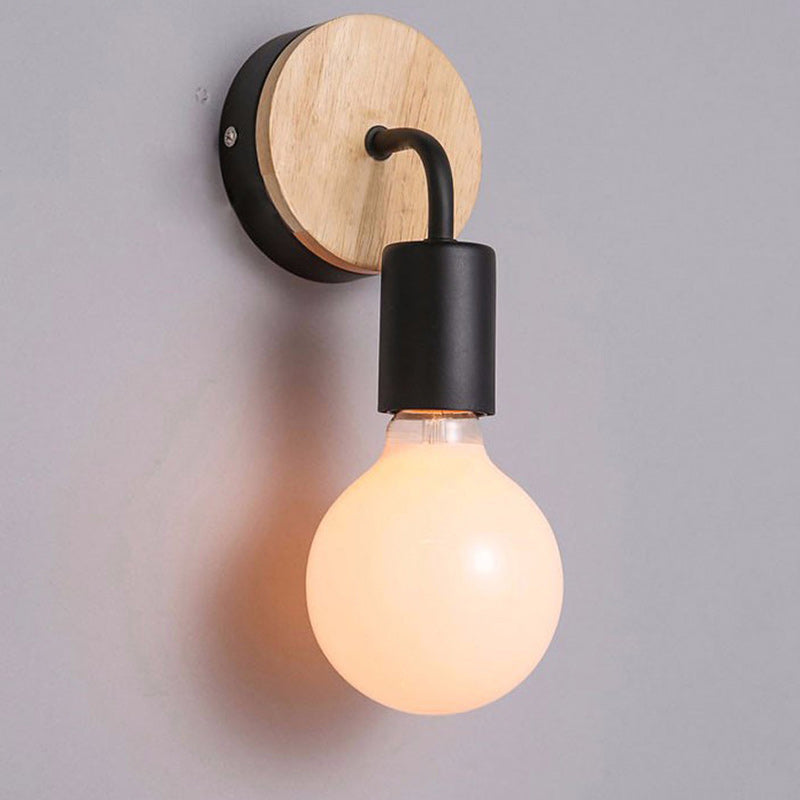 Modern Minimalist Round Wood Iron 1-Light Wall Sconce Lamp For Living Room