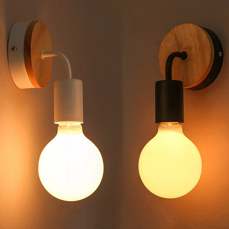 Modern Minimalist Round Wood Iron 1-Light Wall Sconce Lamp For Living Room