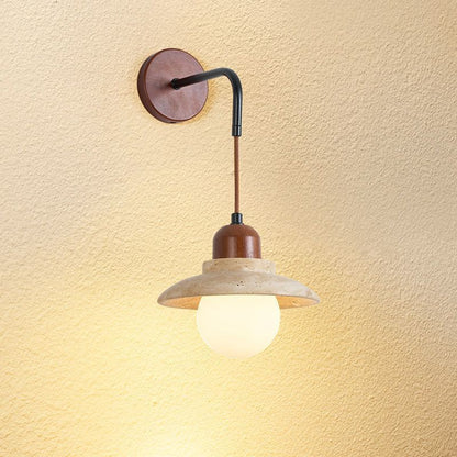 Traditional Japanese Round Stone Wood Glass 1-Light Wall Sconce Lamp For Living Room