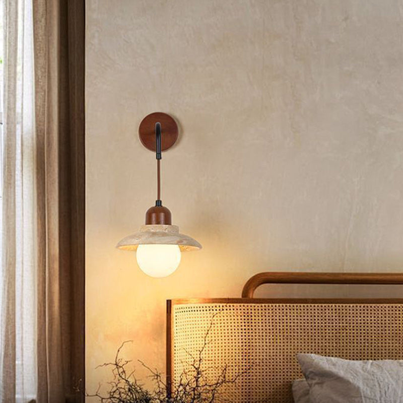 Traditional Japanese Round Stone Wood Glass 1-Light Wall Sconce Lamp For Living Room