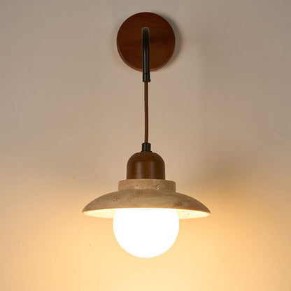Traditional Japanese Round Stone Wood Glass 1-Light Wall Sconce Lamp For Living Room