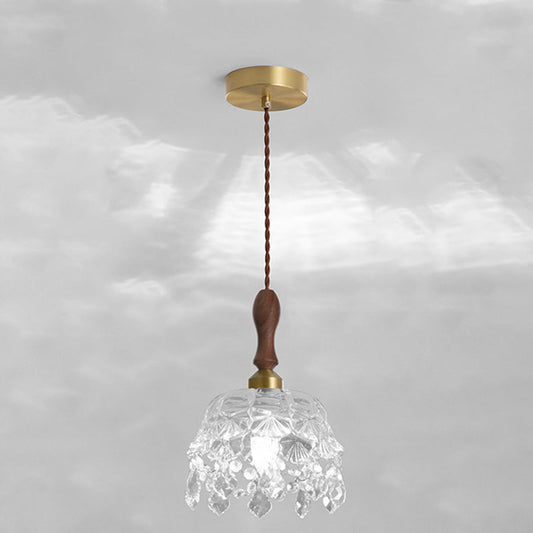 Traditional French Teardrop Copper Wood Glass 1-Light Pendant Light For Living Room