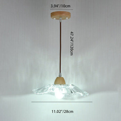 Traditional Chinese Round Wood Glass 1-Light Pendant Light For Living Room