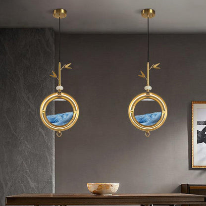 Traditional Japanese Round Copper Glass LED Pendant Light For Living Room