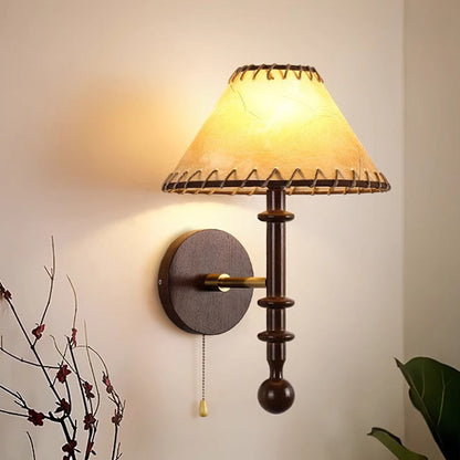 Contemporary Retro Drum Iron Wood Fabric 1-Light Wall Sconce Lamp For Living Room
