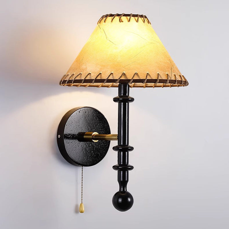 Contemporary Retro Drum Iron Wood Fabric 1-Light Wall Sconce Lamp For Living Room