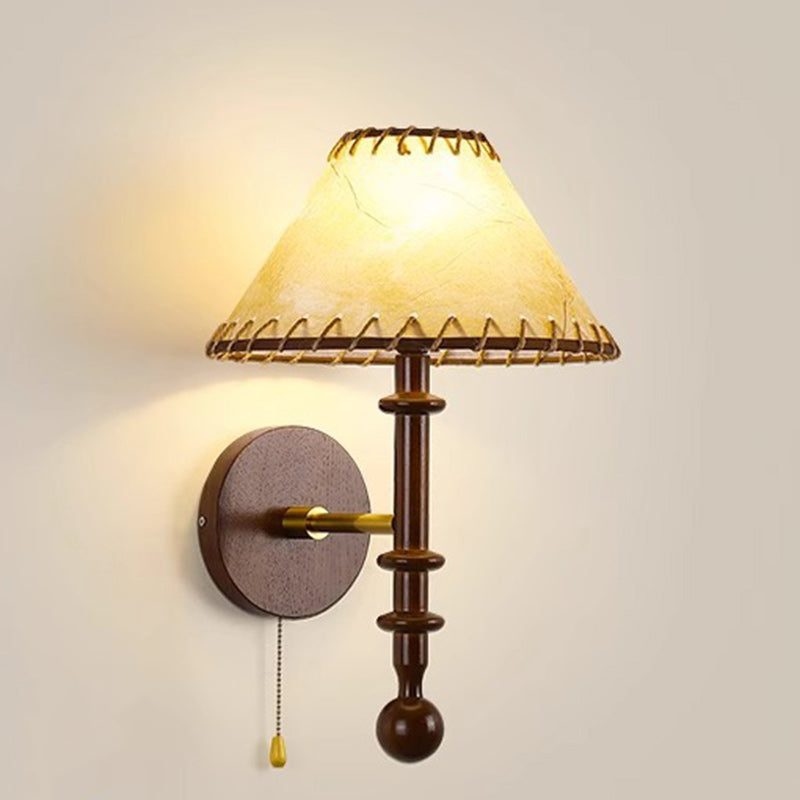 Contemporary Retro Drum Iron Wood Fabric 1-Light Wall Sconce Lamp For Living Room