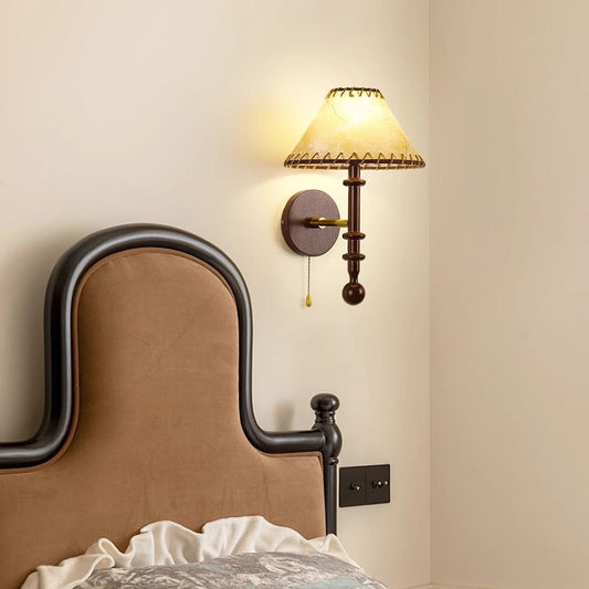 Contemporary Retro Drum Iron Wood Fabric 1-Light Wall Sconce Lamp For Living Room