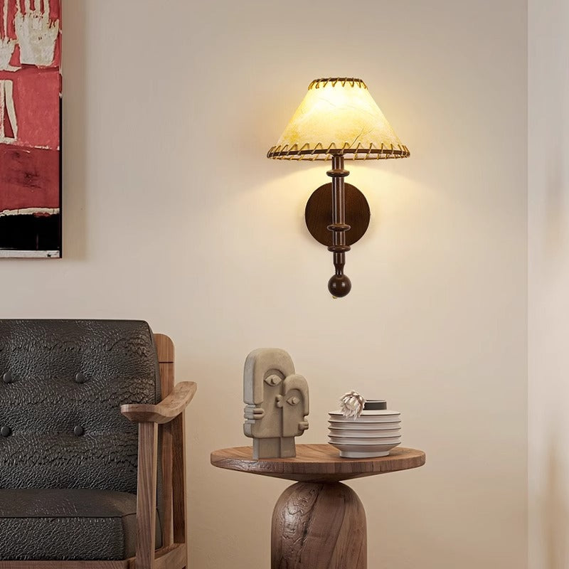 Contemporary Retro Drum Iron Wood Fabric 1-Light Wall Sconce Lamp For Living Room