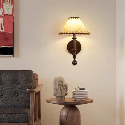 Contemporary Retro Drum Iron Wood Fabric 1-Light Wall Sconce Lamp For Living Room