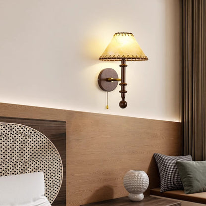 Contemporary Retro Drum Iron Wood Fabric 1-Light Wall Sconce Lamp For Living Room