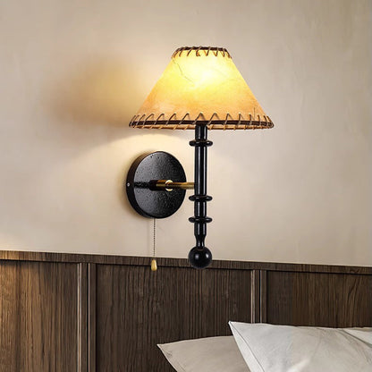 Contemporary Retro Drum Iron Wood Fabric 1-Light Wall Sconce Lamp For Living Room