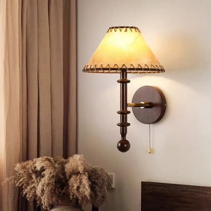 Contemporary Retro Drum Iron Wood Fabric 1-Light Wall Sconce Lamp For Living Room