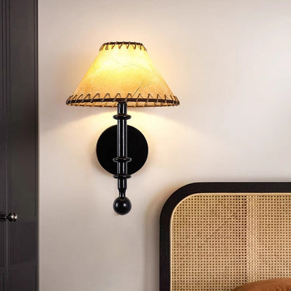 Contemporary Retro Drum Iron Wood Fabric 1-Light Wall Sconce Lamp For Living Room