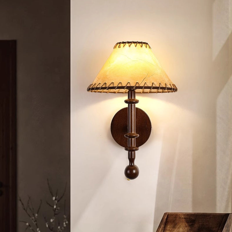 Contemporary Retro Drum Iron Wood Fabric 1-Light Wall Sconce Lamp For Living Room