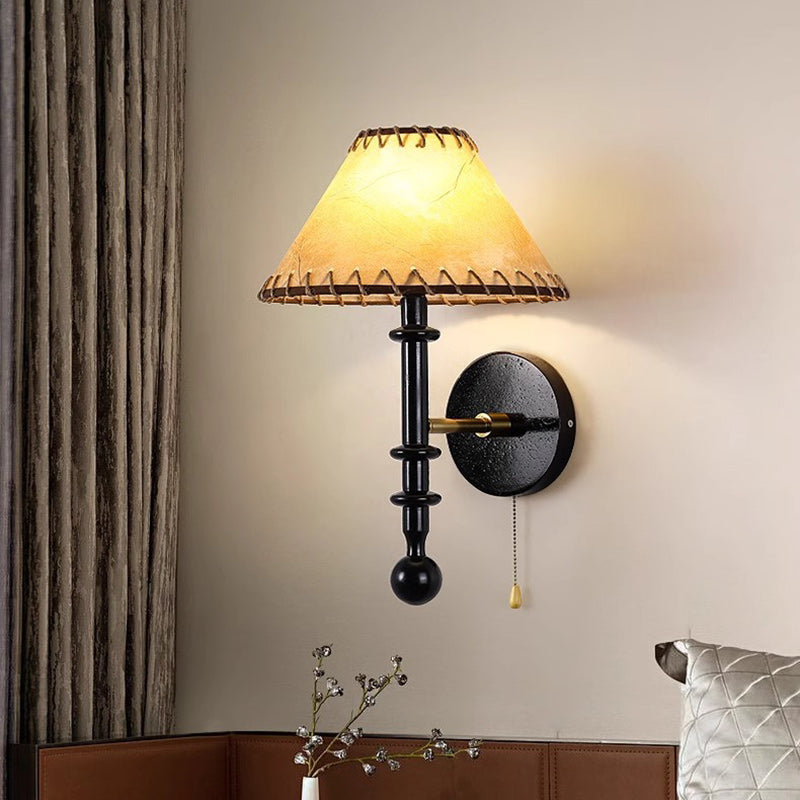 Contemporary Retro Drum Iron Wood Fabric 1-Light Wall Sconce Lamp For Living Room