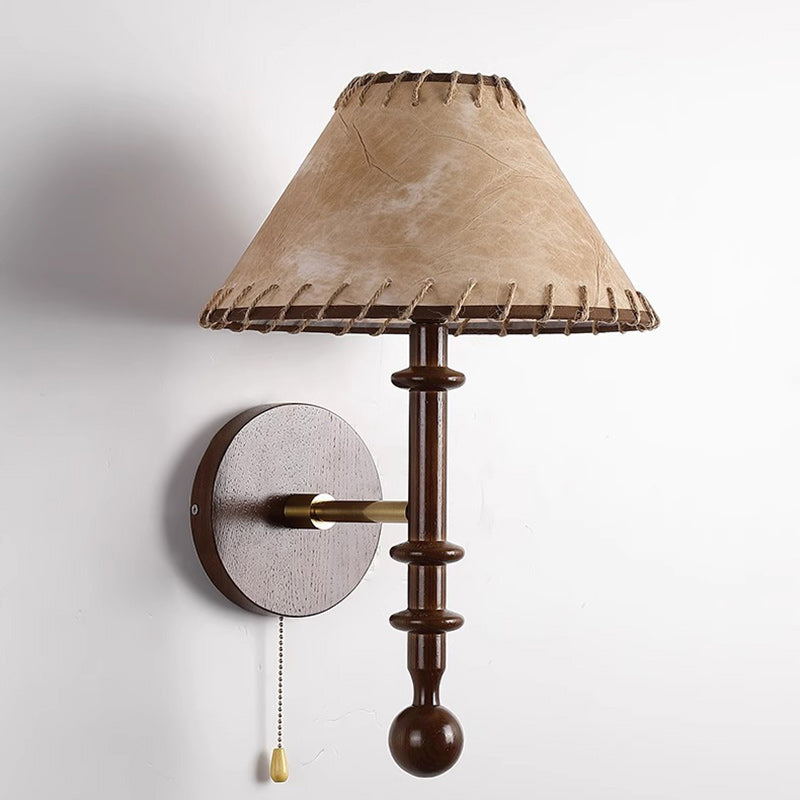 Contemporary Retro Drum Iron Wood Fabric 1-Light Wall Sconce Lamp For Living Room
