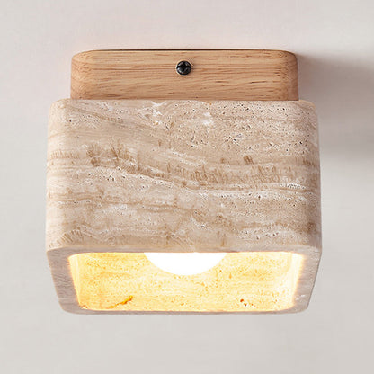 Traditional Japanese Square Wood Stone 1-Light Flush Mount Ceiling Light For Living Room