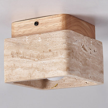 Traditional Japanese Square Wood Stone 1-Light Flush Mount Ceiling Light For Living Room