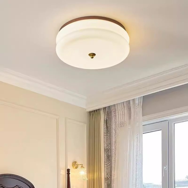 Traditional Vintage Round Iron Glass LED Flush Mount Ceiling Light For Living Room