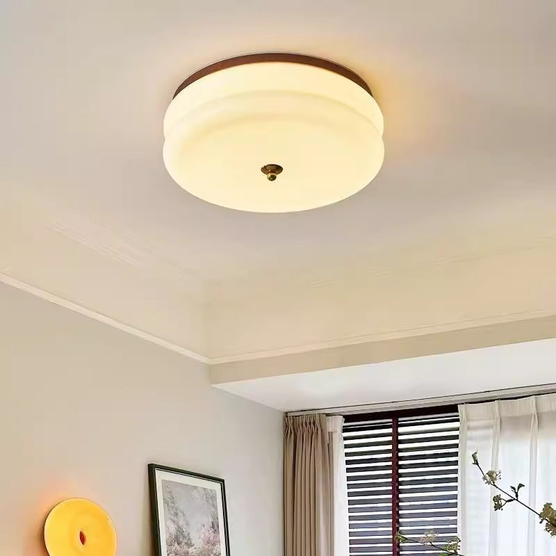 Traditional Vintage Round Iron Glass LED Flush Mount Ceiling Light For Living Room